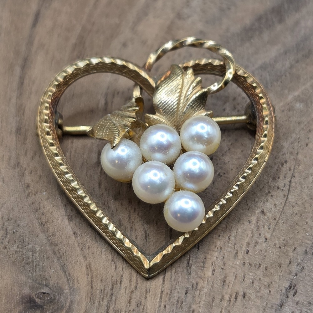 Vintage 1/20 14k Gold Filled Pearl Heart Shaped Brooch Pin